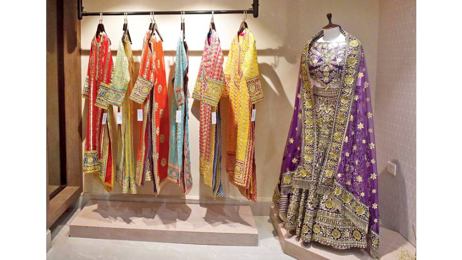 The vibrant collection is conveniently segregated into different sections in the store according to the design detailing to make the shopping experience easier — the gota work line, the pearl work and sequin section, the lace shararas, Lucknowi pearl and mirror-work section and cotton chanderi comfort-wear section.