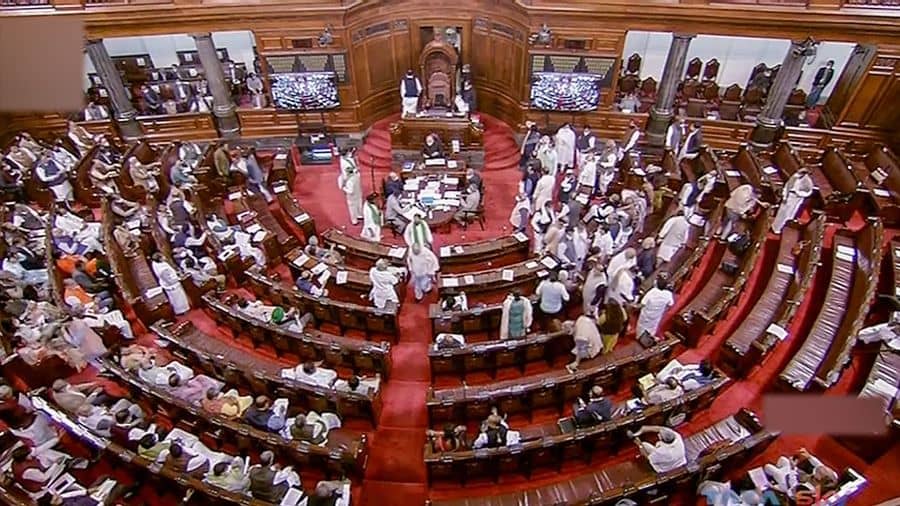 Opposition leaders stage a protest in Rajya Sabha during the Winter Session of Parliament, in New Delhi on Wednesday.