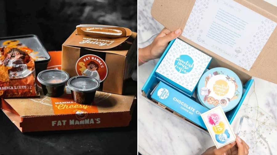 (Left) Cloud kitchen Fat Mamma’s uses cardboard boxes to deliver their burgers; (right) Sweetish House Mafia has adopted versatile packaging too