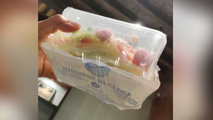 Salad packaged with ice-gel pack from Burma Burma