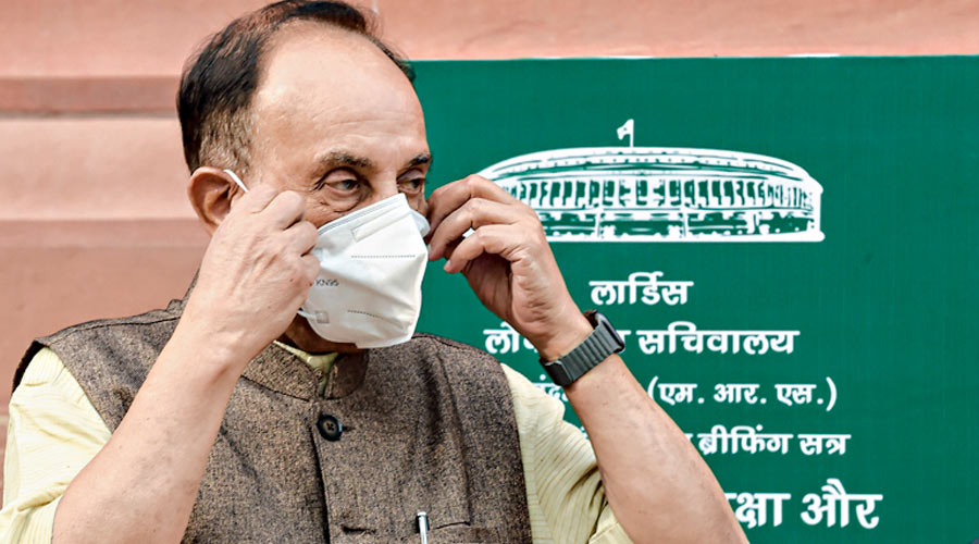 Subramanian Swamy at Parliament on Wednesday. 