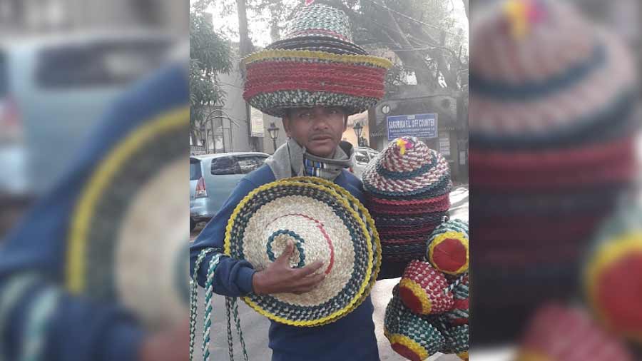 A hawker selling hats in Diamond Harbour, where Moitra paused for breakfast