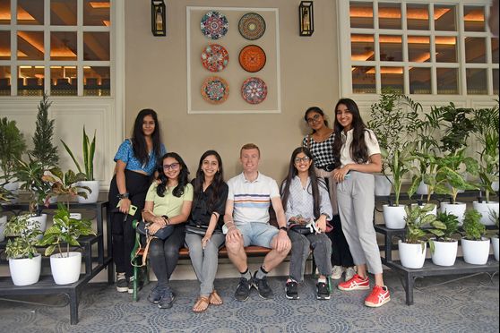 Daniel Emmerson with the Global Ambassadors from Modern High School for Girls in front of 6 Ballygunge Place. Source: Amit Datta 