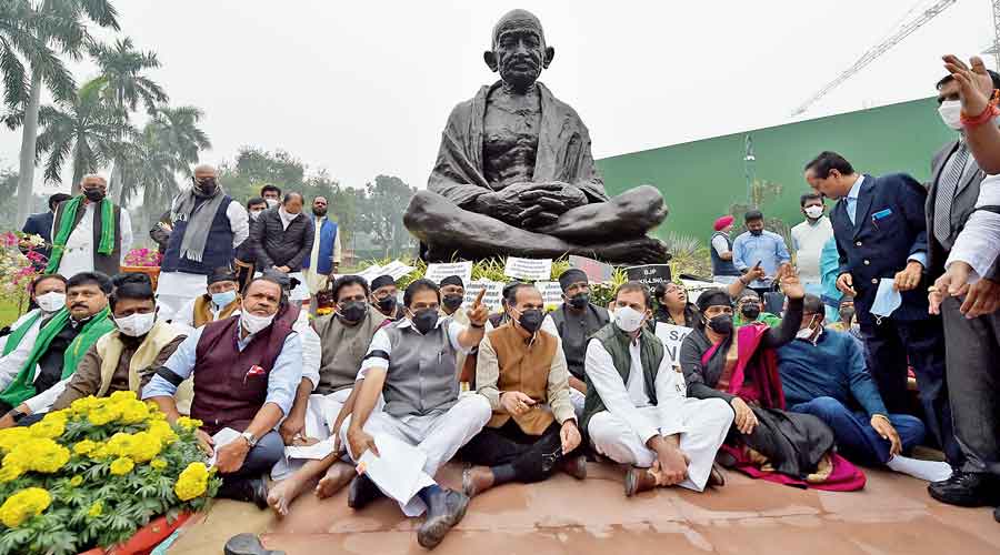 The Congress’s Rahul Gandhi and other Opposition leaders stage a dharna on Thursday demanding the revocation of the suspension of 12 Rajya Sabha members. The protest is being held everyday at the foot of Mahatma Gandhi’s statue on the Parliament premises.