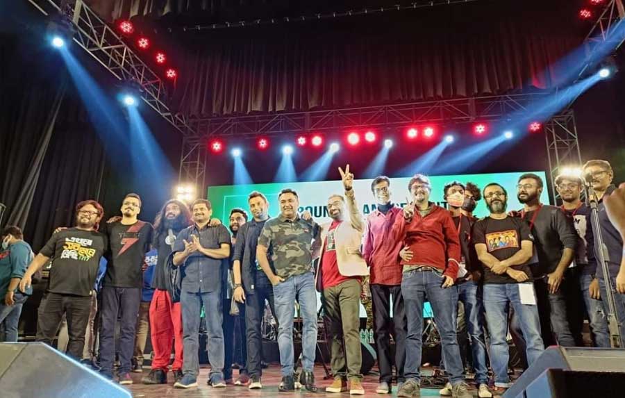 ROCK ON: Members of Kolkata-based Bangla bands Chandrabindoo, Cactus and Lakkhichhara pose for a photograph at Madhusudan Mancha in south Kolkata after a concert on December 1, Wednesday. The three bands came together after 18 years for the concert PlugnPlay marking World AIDS Day. The proceeds of the show are to be spent for the children of Anandaghar, a residential home for HIV-positive kids and orphans