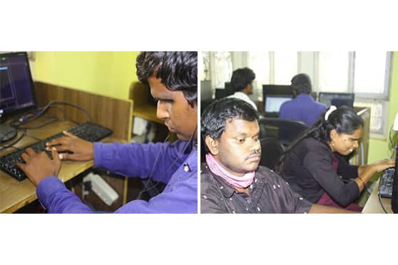 Visually Impaired students undergoing computer training at Snehadeep Trust.