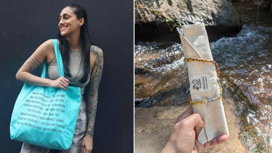 (L) author Karuna Ezara Parikh carries a reusable tote by The Burlap People X Brown Living; (R) a travel cutlery pouch by Bare Necessities