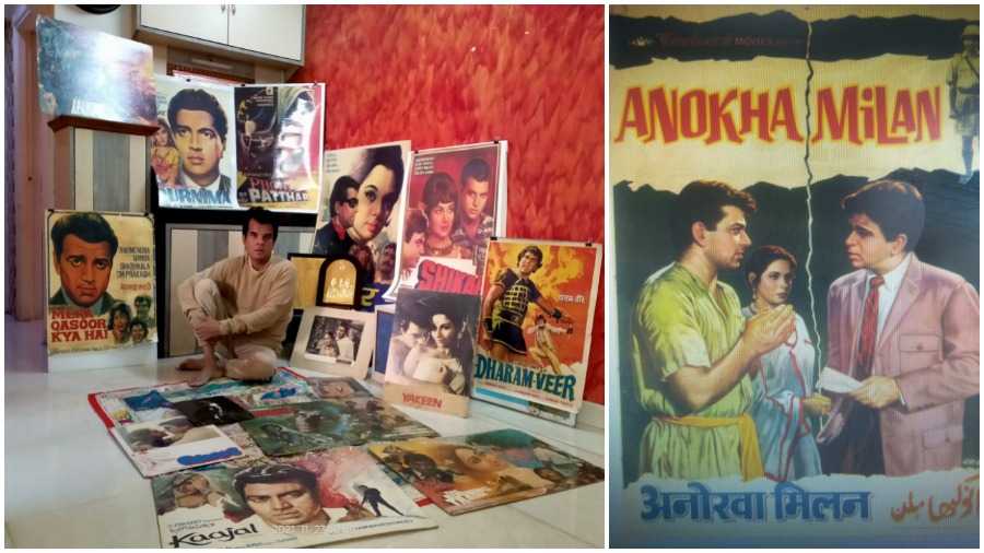 STAR TREK: Vijay Kumar Pyarelal with a part of his collection; (right) poster of the film in which Dharmendra worked with his idol 