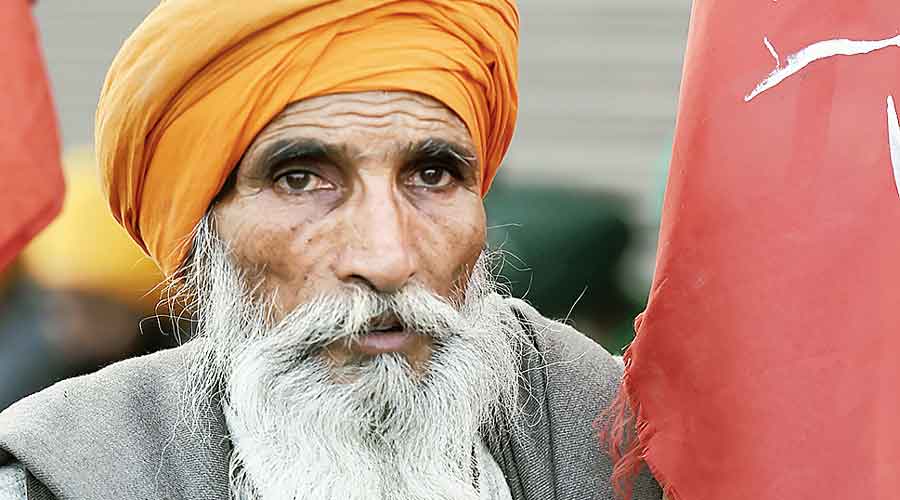 A farmer at the Singhu border protest site  on Saturday