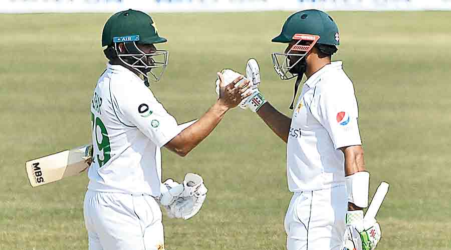 Pakistan captain Babar Azam (right) and Azhar Ali  in Mirpur on Saturday.
