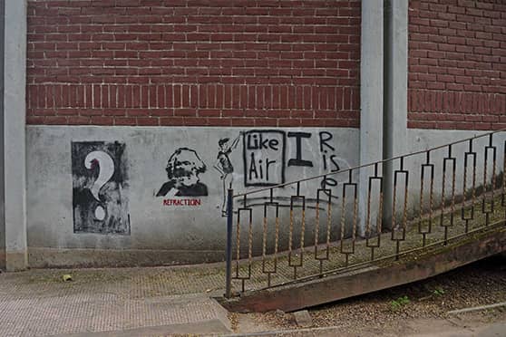 A few random, small graffiti works are scattered all over campus buildings. Artwork featuring Karl Marx are found right across from the Central Library. 