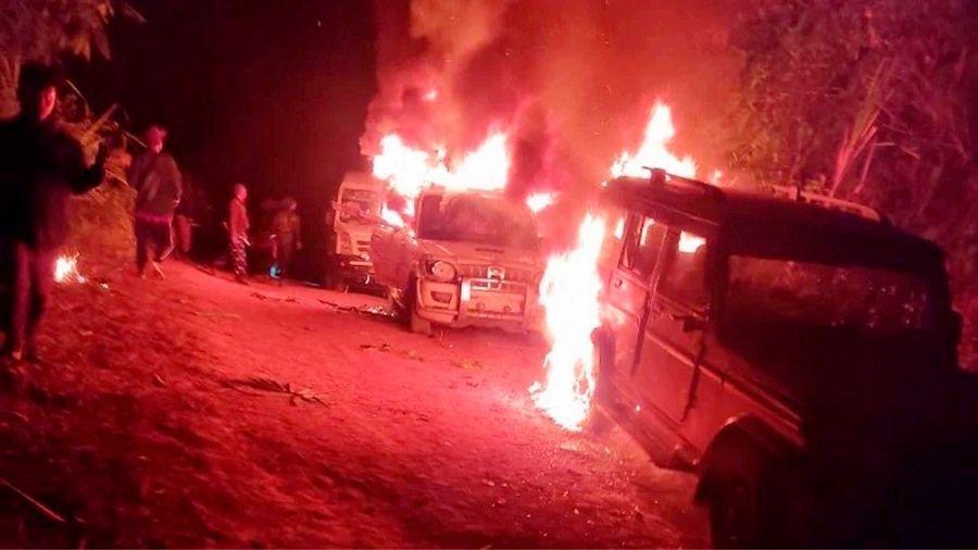 Angry villagers burn vehicles belonging to security personnel after 13 civilians were killed by the security forces from Assam Rifles in an anti-insurgency operations, at Oting village under Mon district of Nagaland on Saturday night.