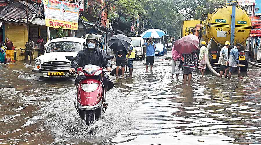 A flooded stretch in north Kolkata’s Thanthania on Monday. 