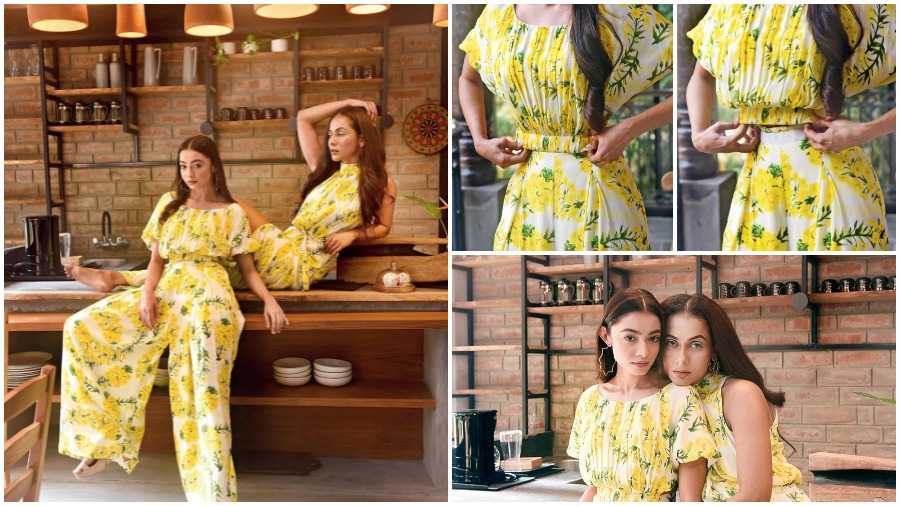 Diti and Ushoshi channel sunshine vibes in yellow. While Diti’s yellow floral-printed jumpsuit is detachable (yes, you read it right!), Ushoshi’s floral-printed draped gown is easy-breezy. Give your eyes a wash of green and feel the wind in your open hair for that stroll on the beach.  