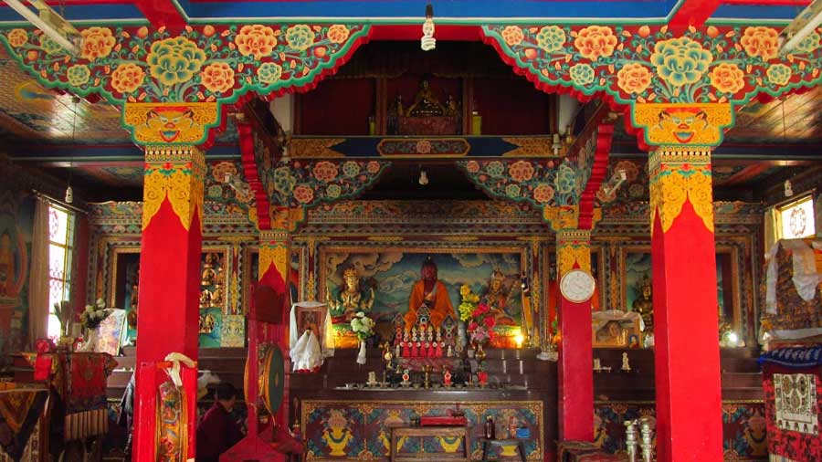 Tibetan paintings and ‘thangkas’ in the shrine room of Tashi Samten Ling Monastery