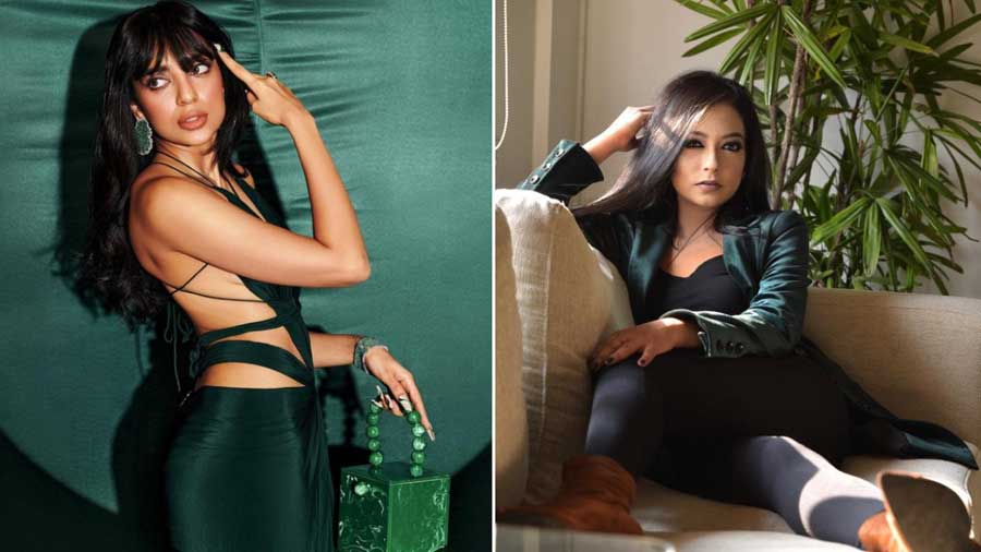 (Left) Sobhita Dhulipala in an emerald draped dress by Ambika Lal; (right) Lal in her studio