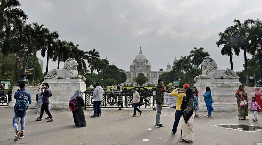 Visitors in front of Victoria Memorial on Tuesday afternoon. 