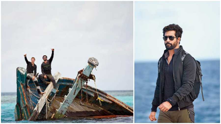 Vicky Kaushal with Bear Grylls atop a wrecked ship in Into the Wild with Bear Grylls; Vicky Kaushal