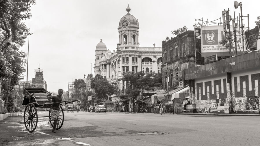 Monochrome view of the Metropolitan building at Esplanade in central Kolkata