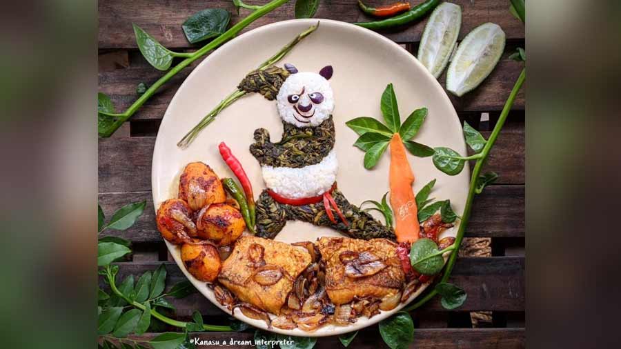 Poulami Bhattacharyya creates artwork with cooked food, such as this one of Po from ‘Kung Fu Panda’, with rice, ‘kolmi shaag’ and fish curry