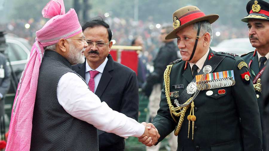 Prime Minister Narendra Modi is greeted by Army Chief Gen Bipin Rawat during the 68th Republic Day Parade at Rajpath in New Delhi this year.