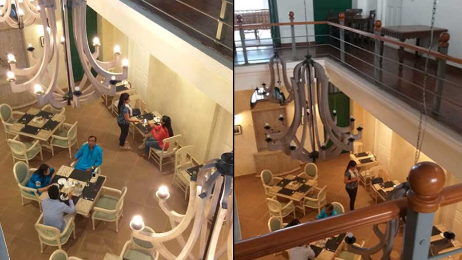 A view of the restaurant from the running balcony above