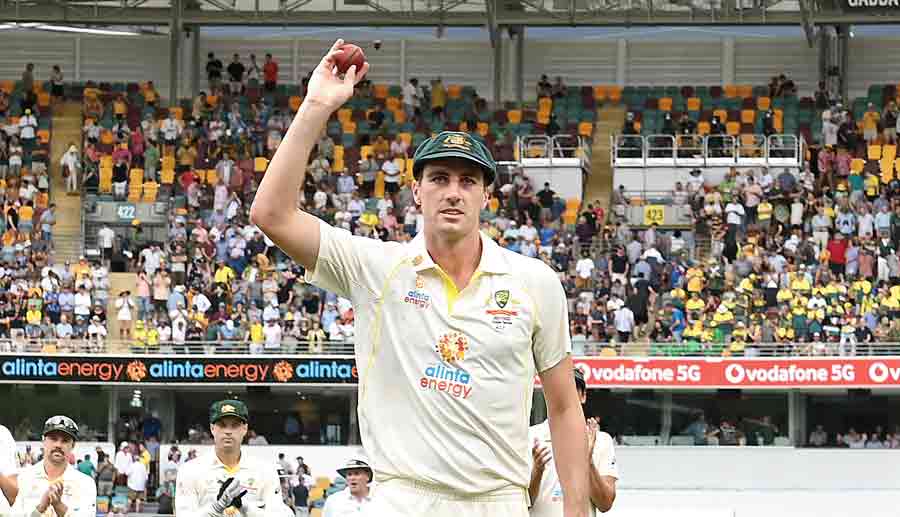 Cummins acknowledges the appreciation from the Gabba crowd, after completing  his five-for in his first Test as Australia captain.