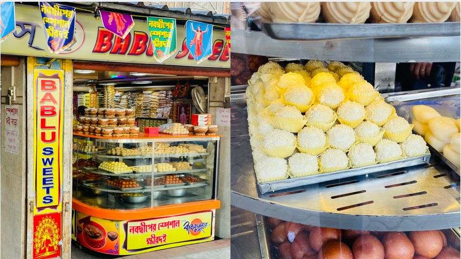 (Left) the colourful display counter at Bablu Sweets and (right) the famous ‘kheer kodom’