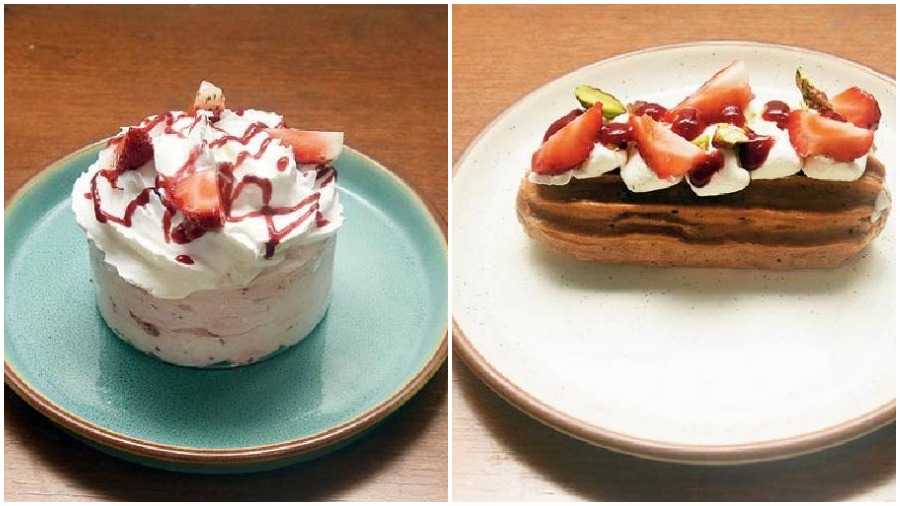 (L-R) Strawberries & Cream and Frasiers Eclairs are two of the seasonal desserts that are available on the menu.