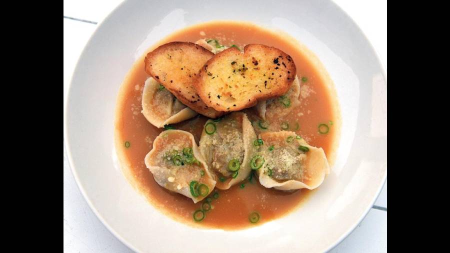 Edamame and Cream Cheese Tortellini in Miso Broth: Warm, light and slightly spicy miso soup along with bites of soft tortellini make for a perfect winter dish.  775 rupees