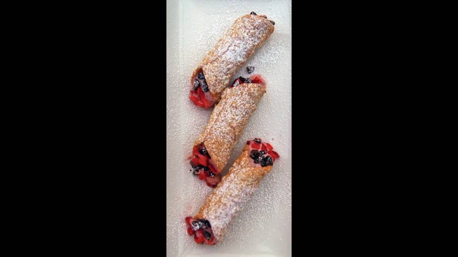 Strawberry & Dark Chocolate Cannoli: The tartness of the strawberry cream along with the hints of bitterness from the dark chocolate, paired with the flaky cannoli, is the perfect end to any meal. Rs 575