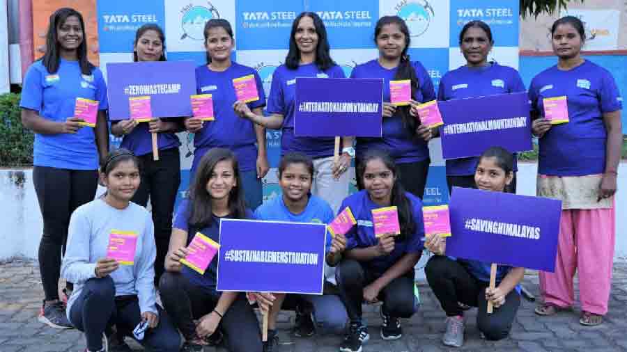 TSAF female participants with the biodegradable sanitary pads in Jamshedpur on Friday