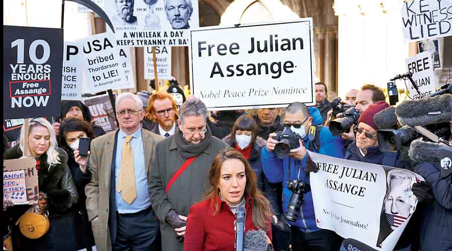Julian Assange’s partner Stella Morris speaks to the media in London on Friday after the British court upheld Washington’s  appeal.