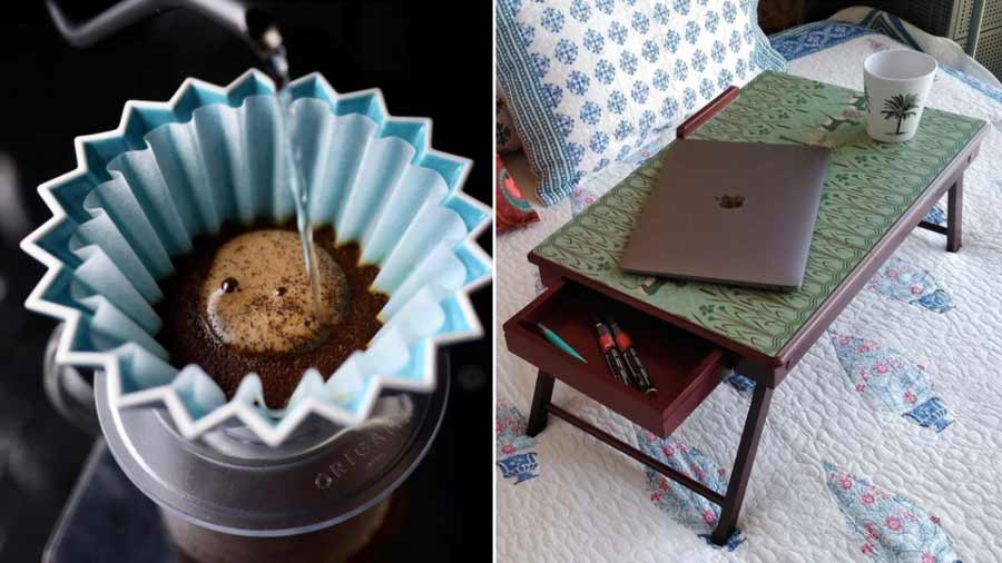 (Left) Roastery and Subko have reusable coffee filters; (right) Kolkata stores like Giani’s En Vogue and India Circus have WHF-friendly furniture