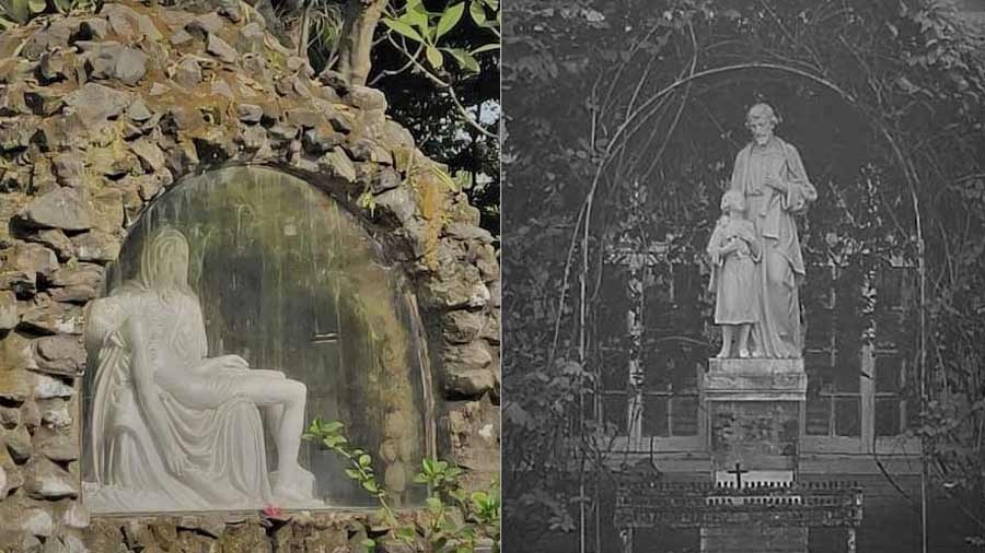 Two of the several beautiful sculptures in the compound