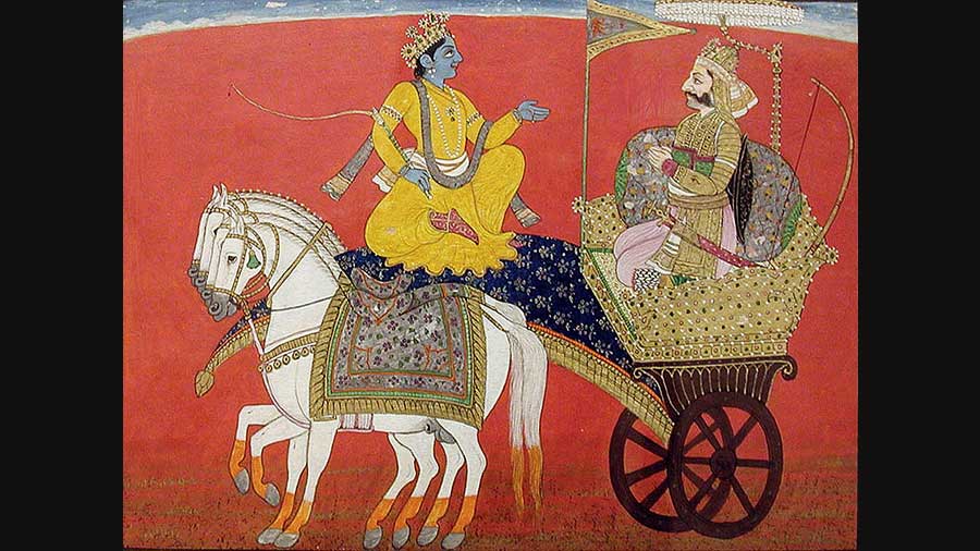 An artwork showing Krishna giving advice to Arjuna at Kurukshetra from the Edwin Binney 3rd Collection.