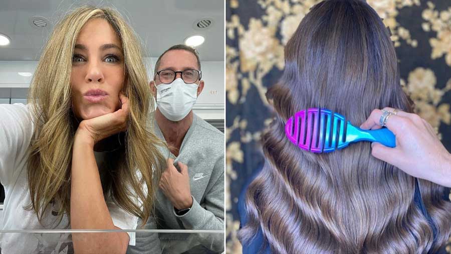 (Left) Jennifer Aniston with her hairstylist Chris McMillan; (right) the Wet Brush Pro Flex Dry 
