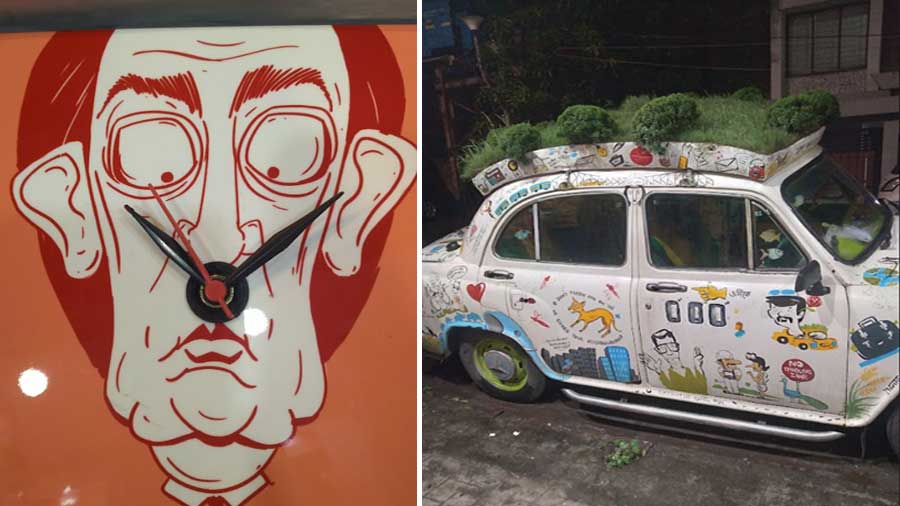 (Left) a Dali clock by Joydip Niyogi and (right) Dhananjay Chakraborty, aka Bapi da’s colourful green taxi. 