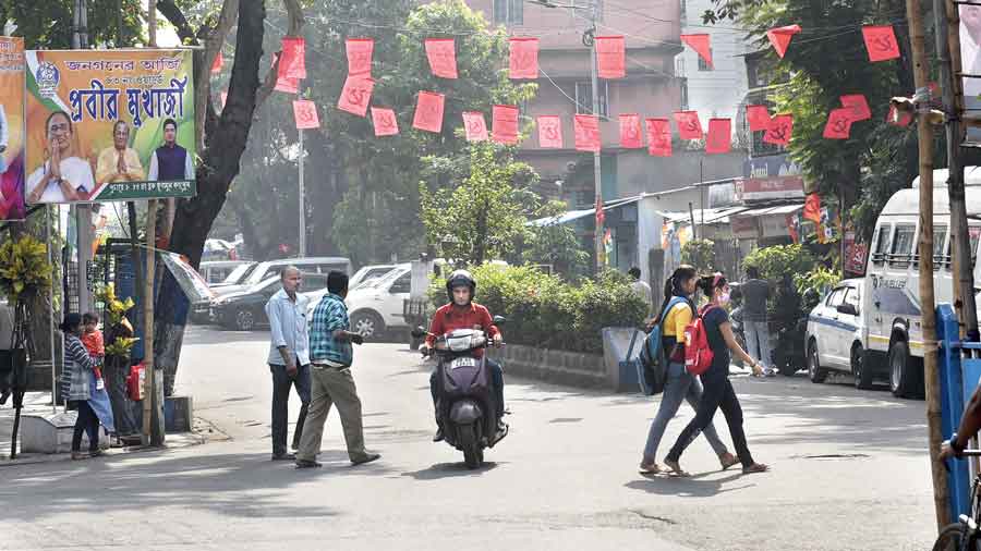 Flags and posters of political parties in Kalighat on Tuesday.
