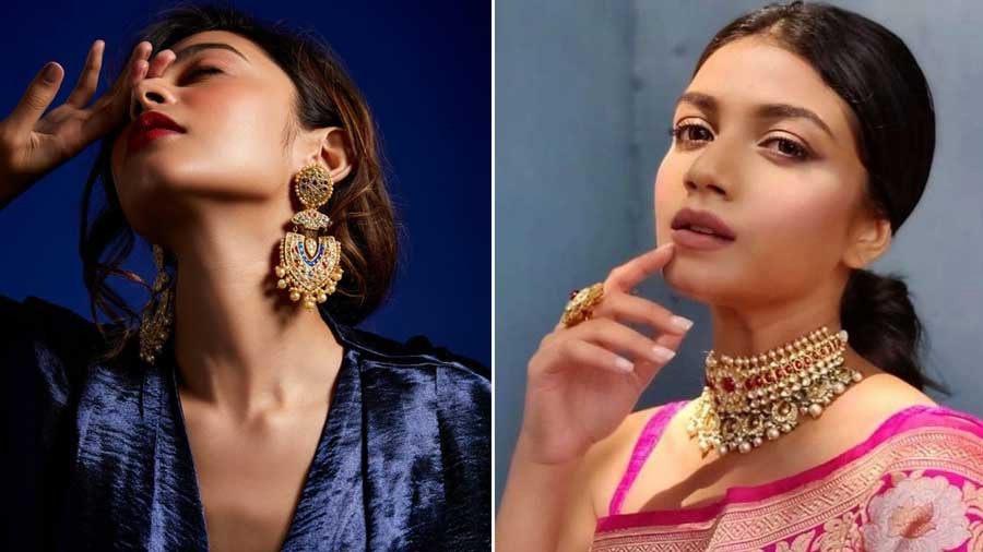  (Left) A pret polki number by Harshita Sultania that’s priced under Rs 1 lakh; (right) Sauraseni Maitra in polki jewellery by Avama