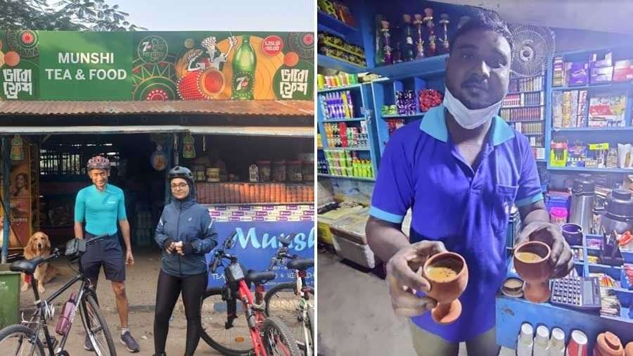 Imran Munshi’s (right) shops have become favourite pit-stops for cyclists, passers-by and tea lovers in New Town 