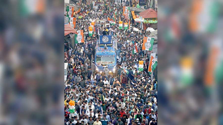 A Trinamul rally from Burrabazar to Bowbazar on Thursday for the KMC polls. 