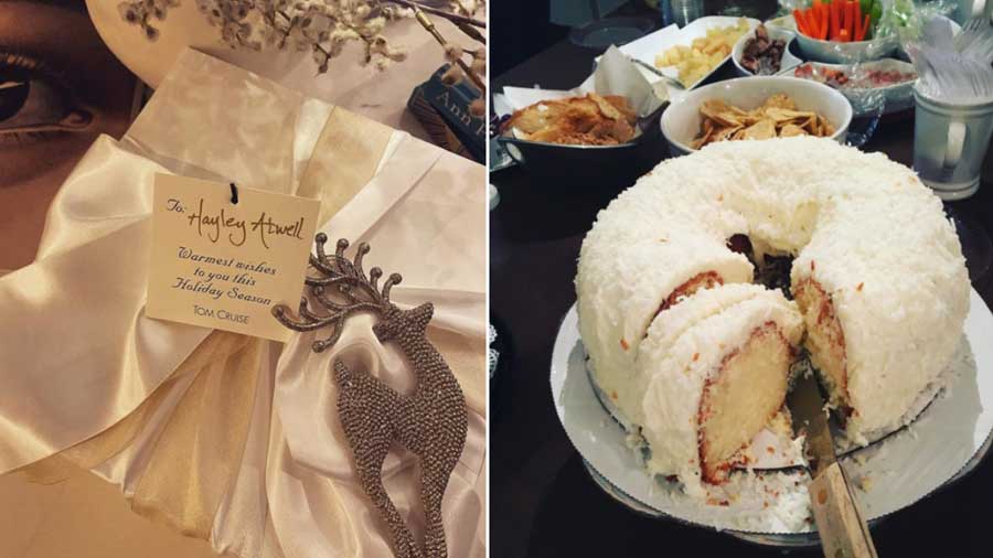  (Left) The coconut cake received by Cruise’s ‘Mission Impossible 7’ co-star Hayley Atwell; (right) a closer look at the delicious sponge