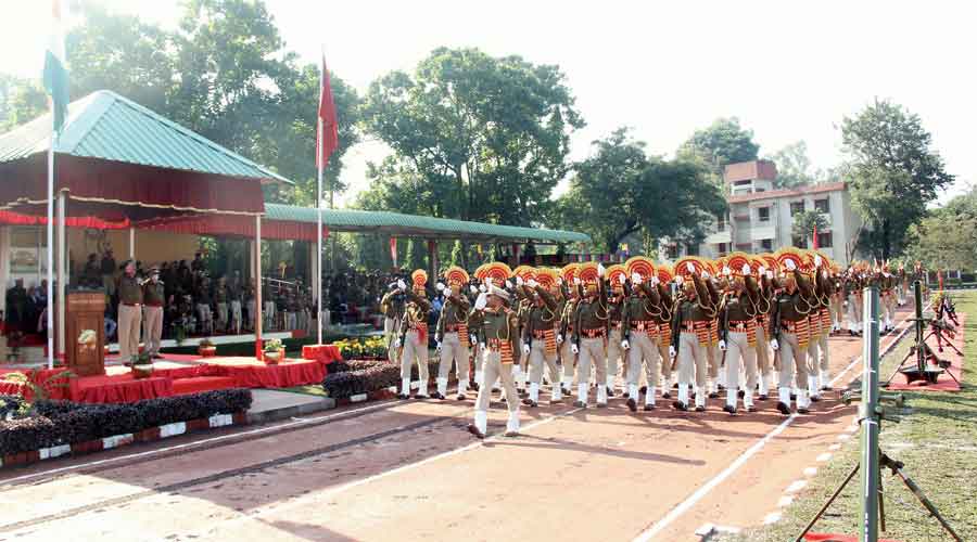 Shrikumar Bandopadhyay, the inspector-general of Siliguri frontier, takes the salute at the venue on the outskirts of Siliguri.