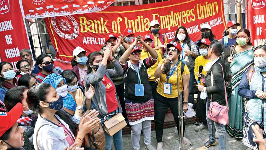 A demonstration by bank employees in the BBD Bag area  on Friday.