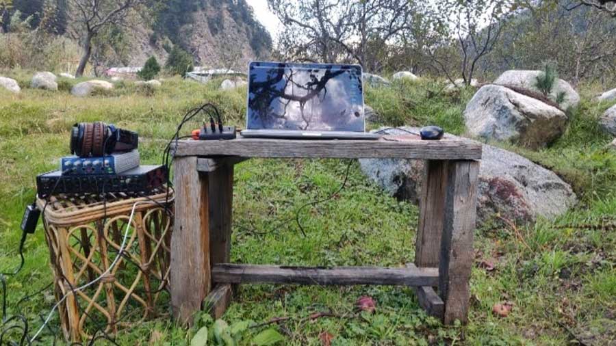 Dholakia improvised to make a recording studio out of a picturesque orchard in Harsil