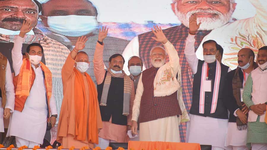 Prime Minister Narendra Modi (fourth from left) during the foundation stone laying ceremony of the Ganga Expressway