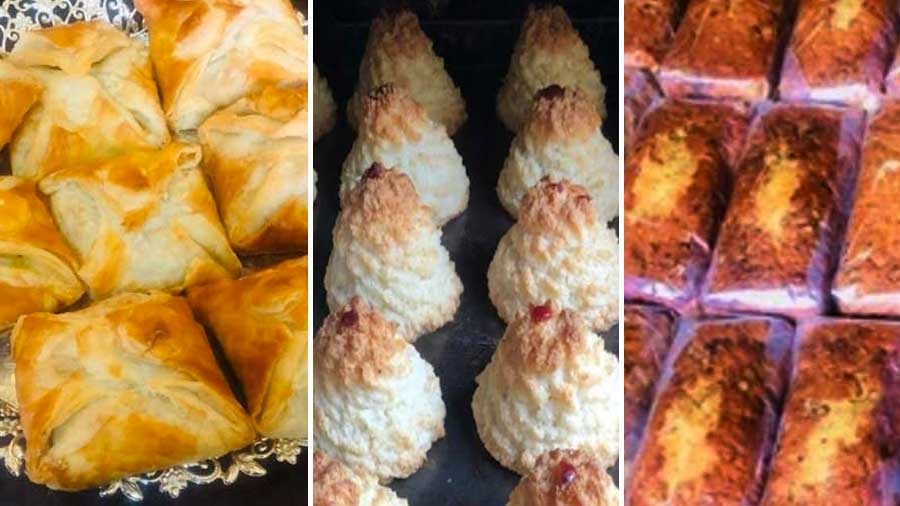 (L-R) Saldanha's chicken envelopes, coconut macaroons and walnut cakes 