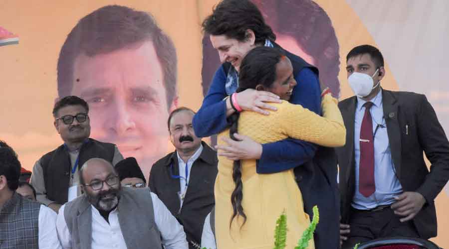 Congress general secretary Priyanka Gandhi hugs a supporter during a programme in Amethi on Saturday.