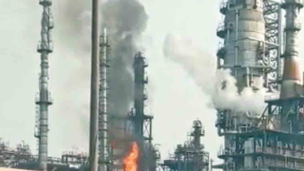 An Indian Oil Corporation tower that caught fire  in Haldia on Tuesday